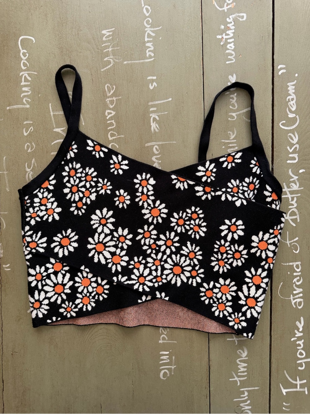 Anthropologie Maeve Black Floral Daisy Knit Top with Orange Centers - Picture 1 of 3